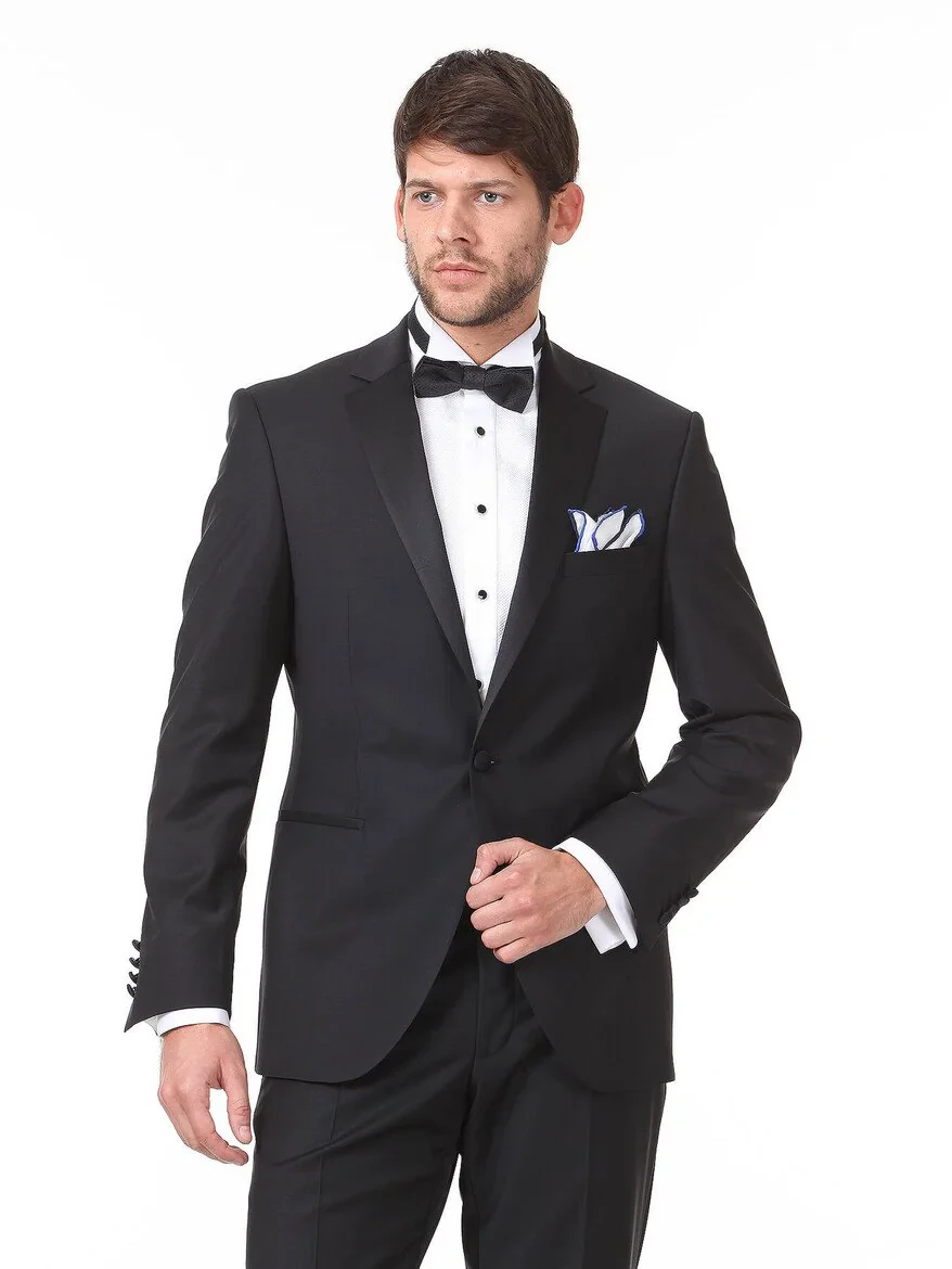 Black Plain Slim Fit Butterfly Collar Weaving Tuxedo - 1