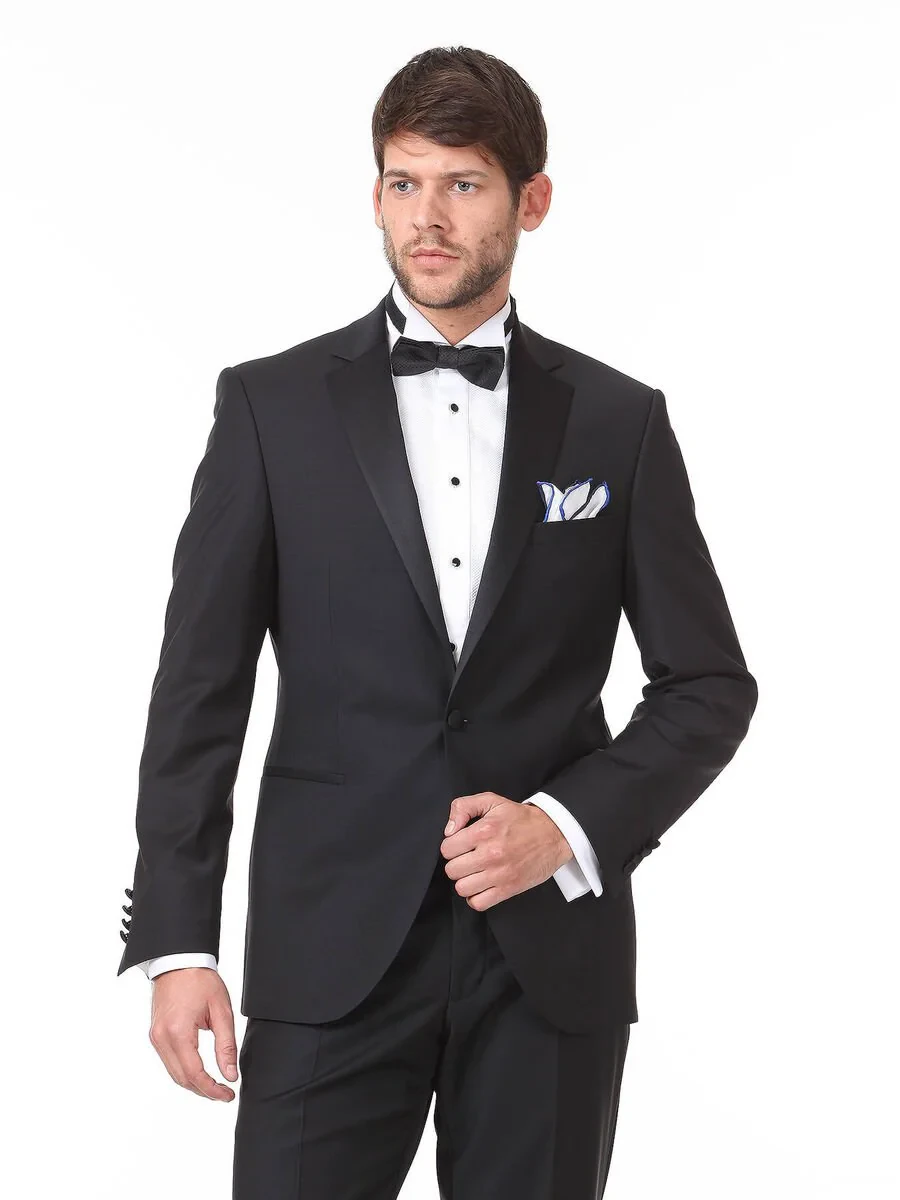 Black Plain Slim Fit Butterfly Collar Weaving Tuxedo - 1