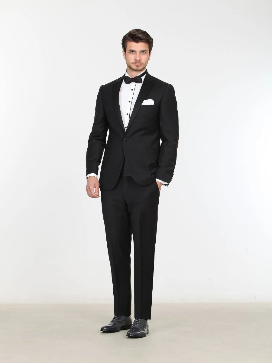 Black Plain Slim Fit Butterfly Collar Weaving Tuxedo - 1