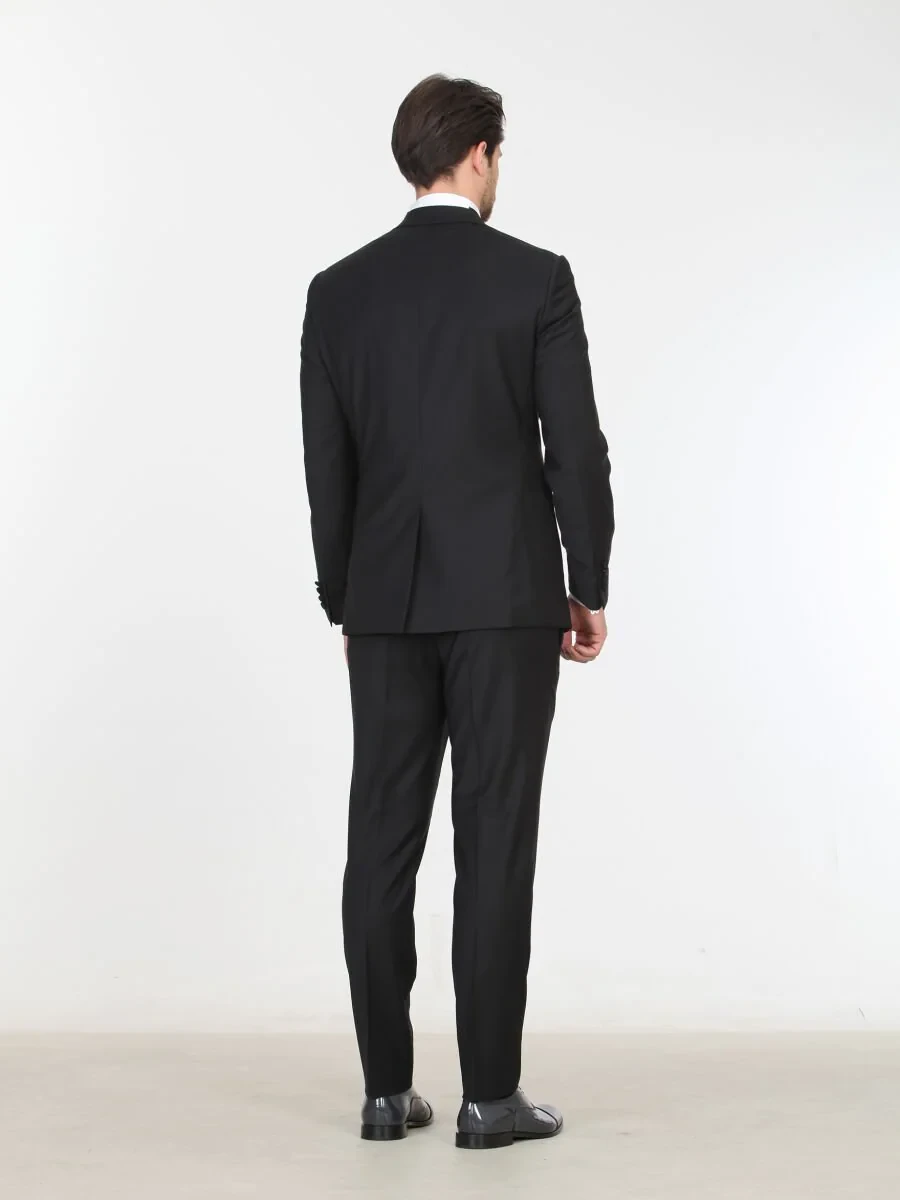 Black Plain Slim Fit Butterfly Collar Weaving Tuxedo - 4