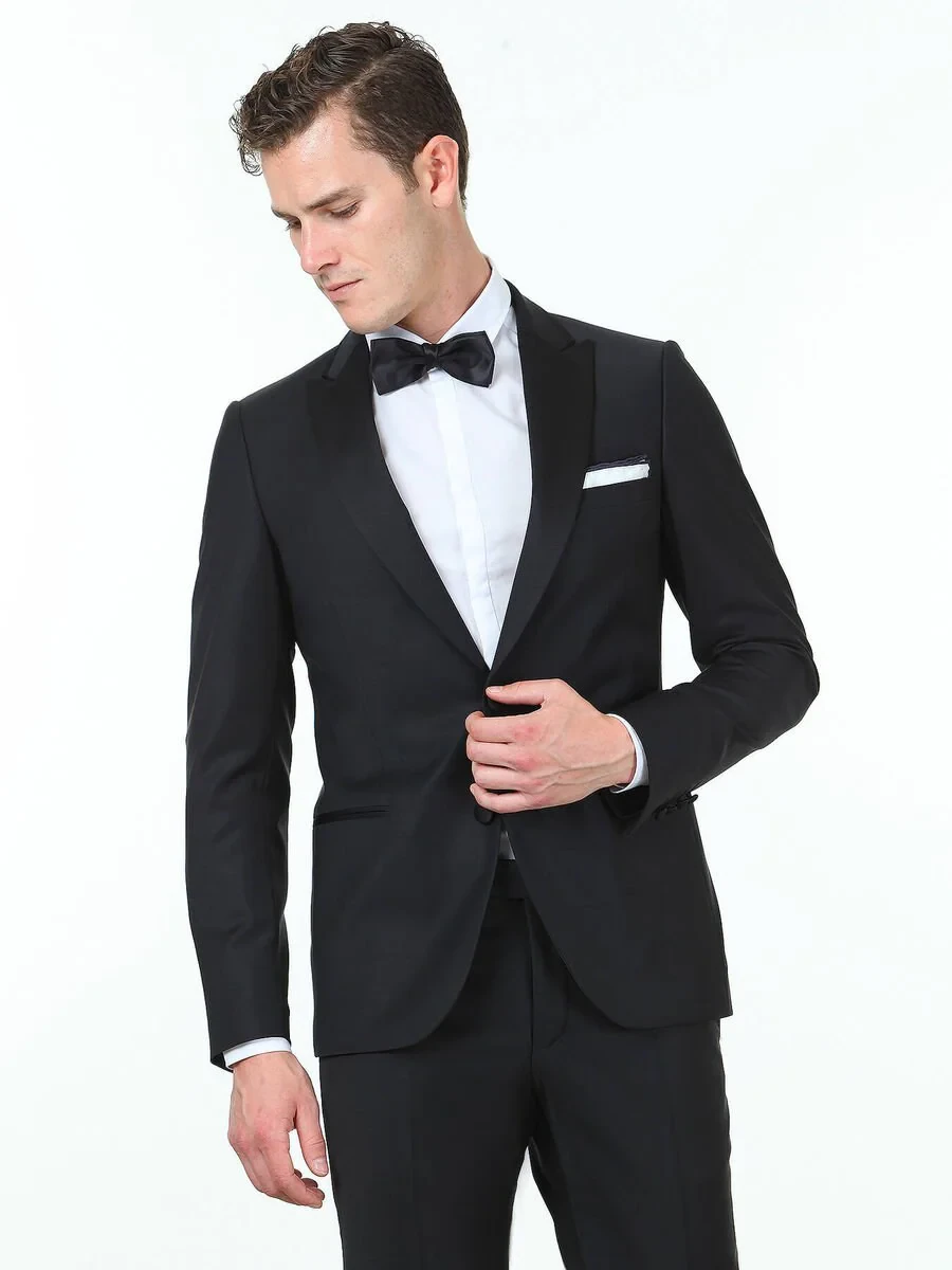Black Plain Slim Fit Double Breasted Collar Weaving Tuxedo - 1