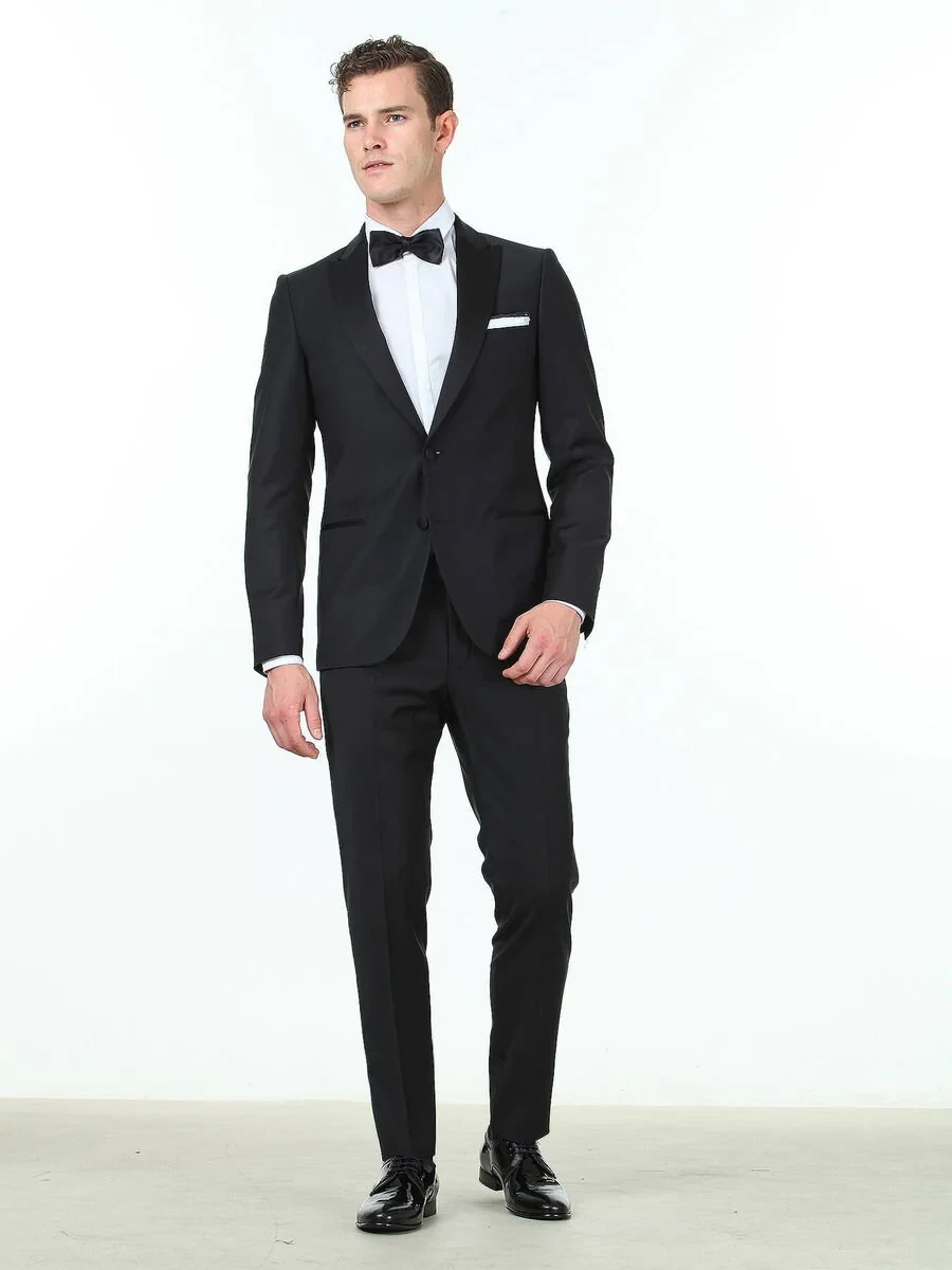 Black Plain Slim Fit Double Breasted Collar Weaving Tuxedo - 2