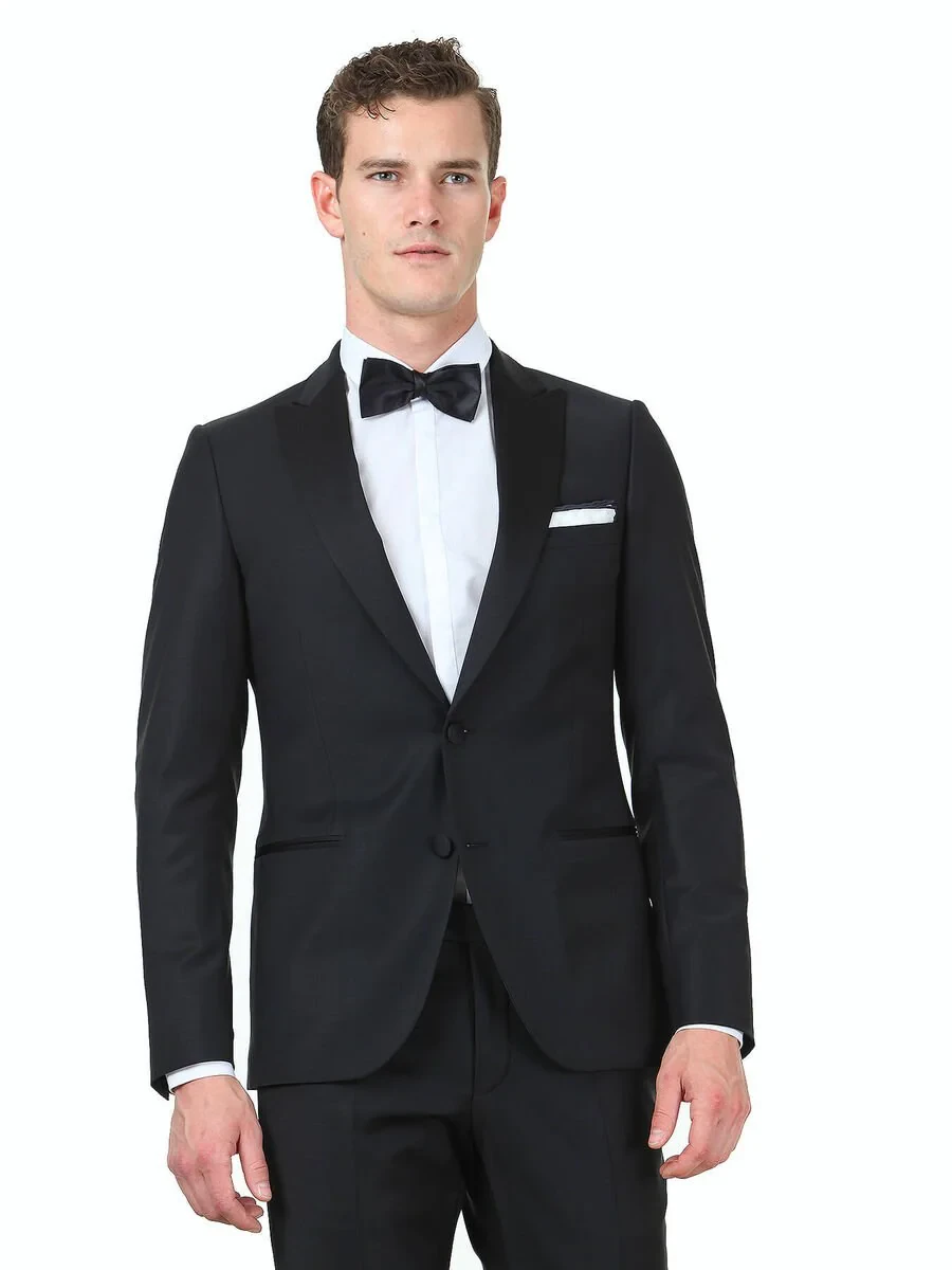 Black Plain Slim Fit Double Breasted Collar Weaving Tuxedo - 3