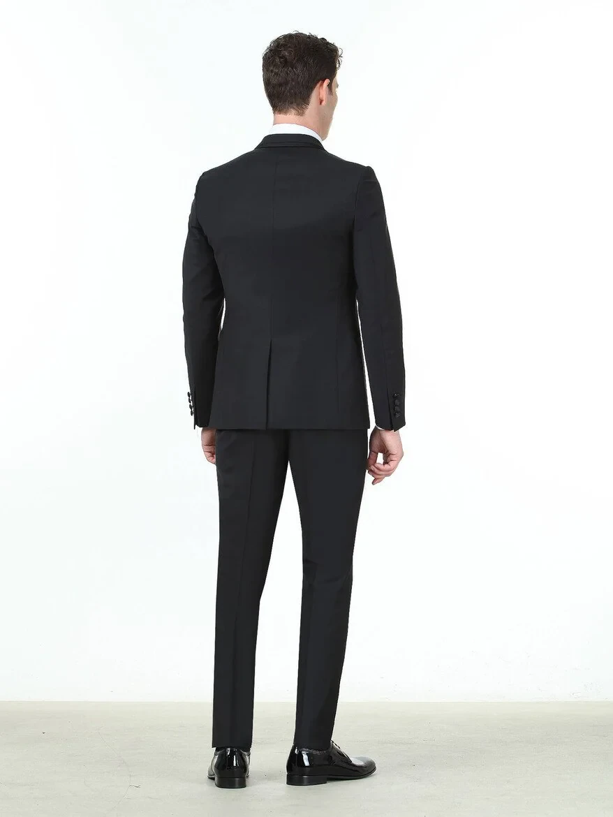 Black Plain Slim Fit Double Breasted Collar Weaving Tuxedo - 4
