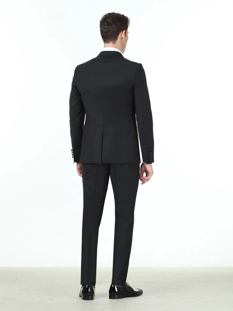 Black Plain Slim Fit Double Breasted Collar Weaving Tuxedo - 4
