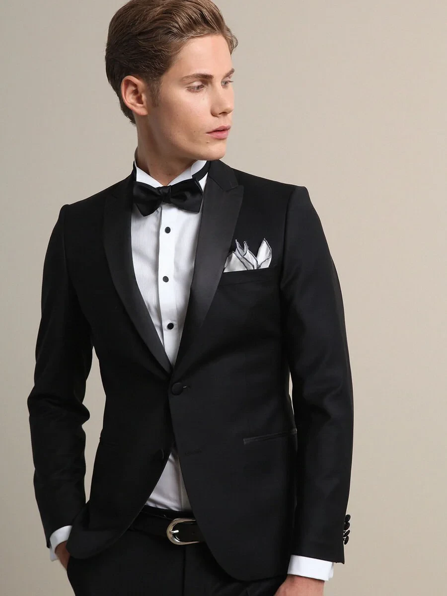 Black Plain Slim Fit Double Breasted Collar Weaving Tuxedo - 1