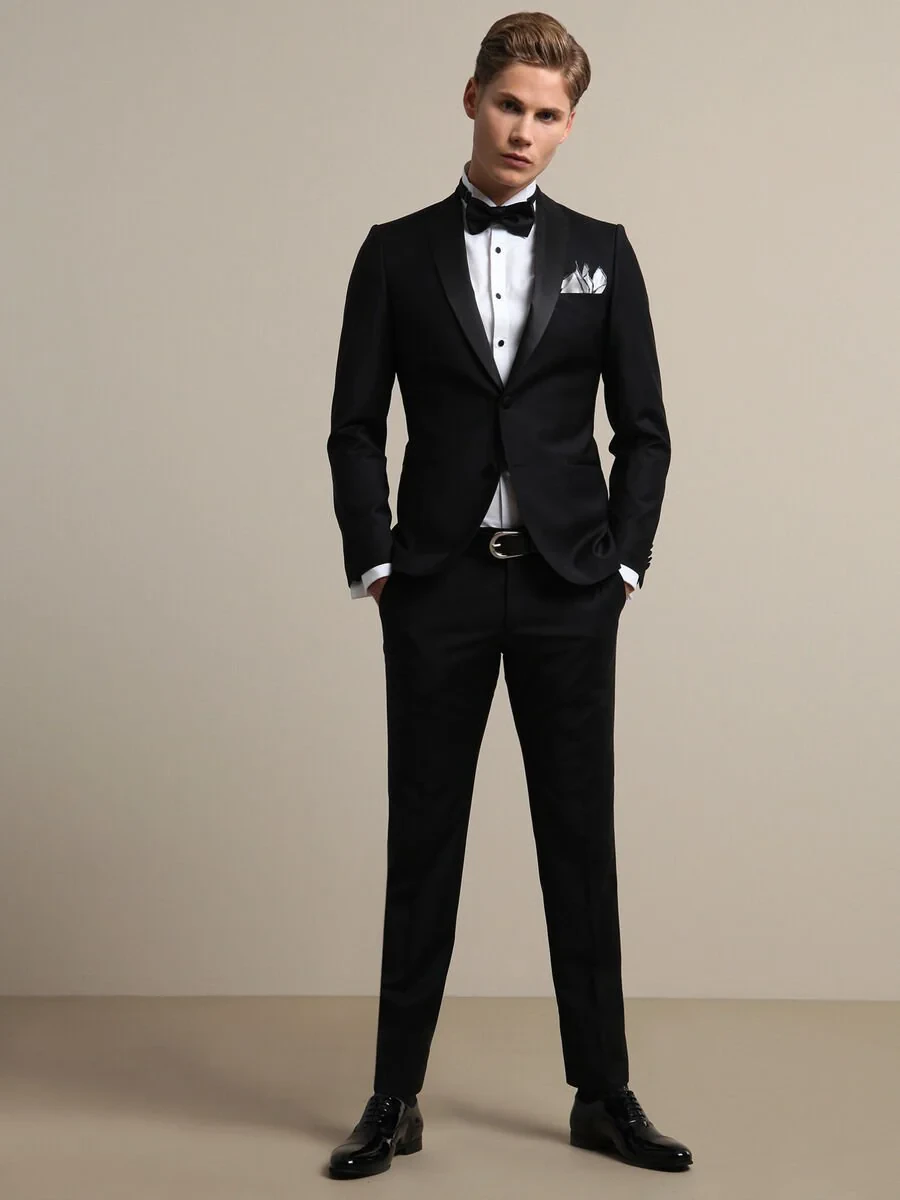 Black Plain Slim Fit Double Breasted Collar Weaving Tuxedo - 2