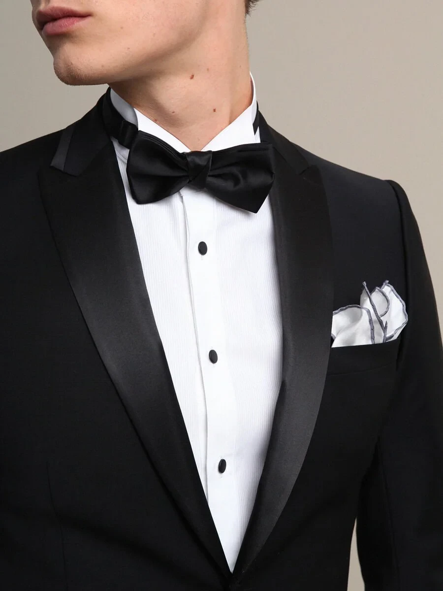 Black Plain Slim Fit Double Breasted Collar Weaving Tuxedo - 4
