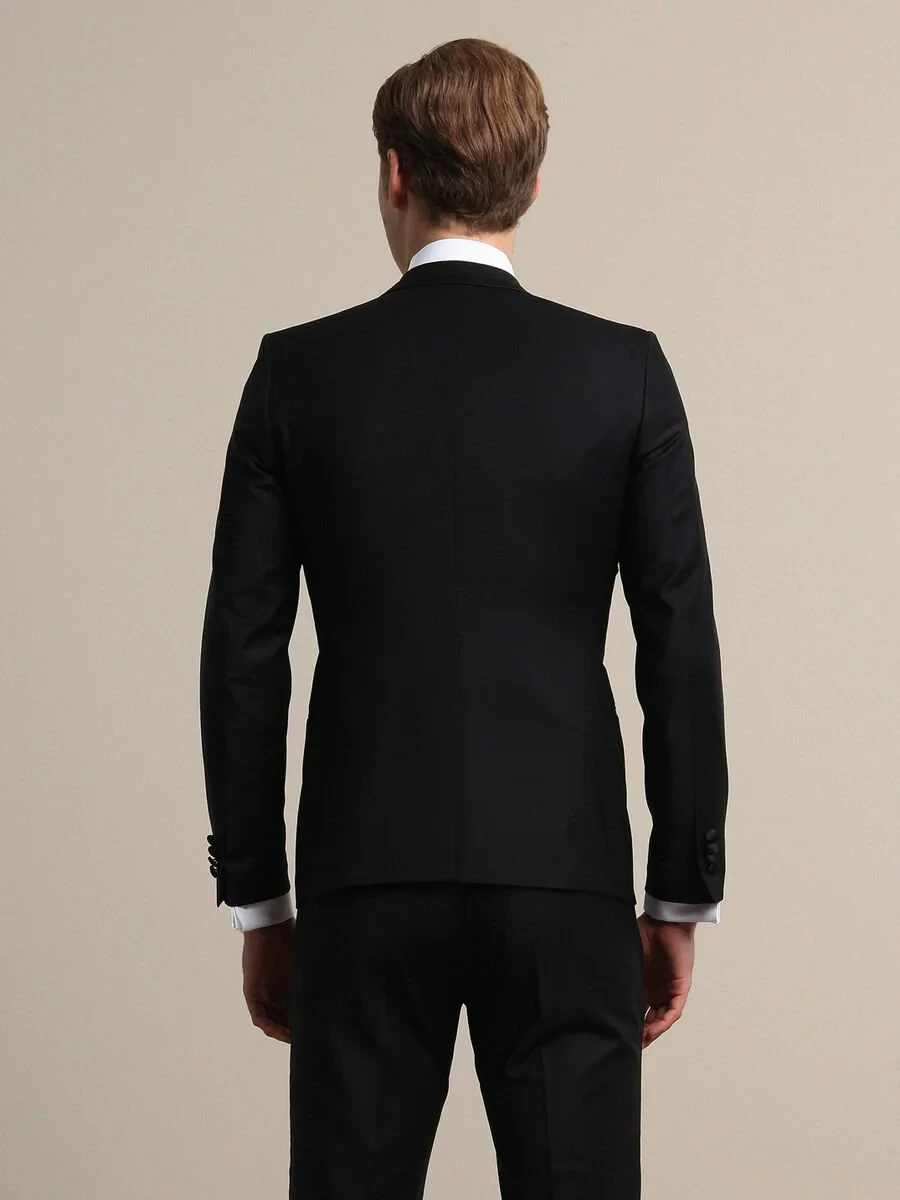 Black Plain Slim Fit Double Breasted Collar Weaving Tuxedo - 5