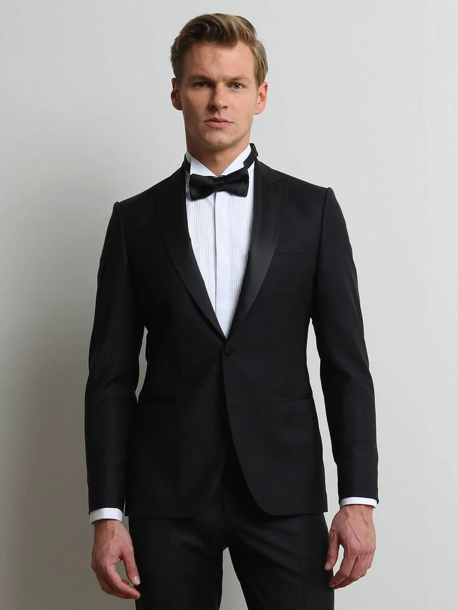 Black Plain Slim Fit Double Breasted Collar Weaving Tuxedo - 1