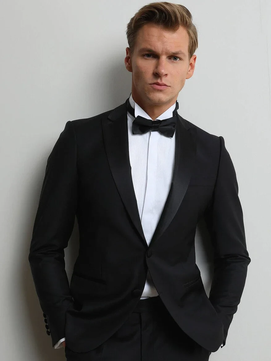 Black Plain Slim Fit Double Breasted Collar Weaving Tuxedo - 2