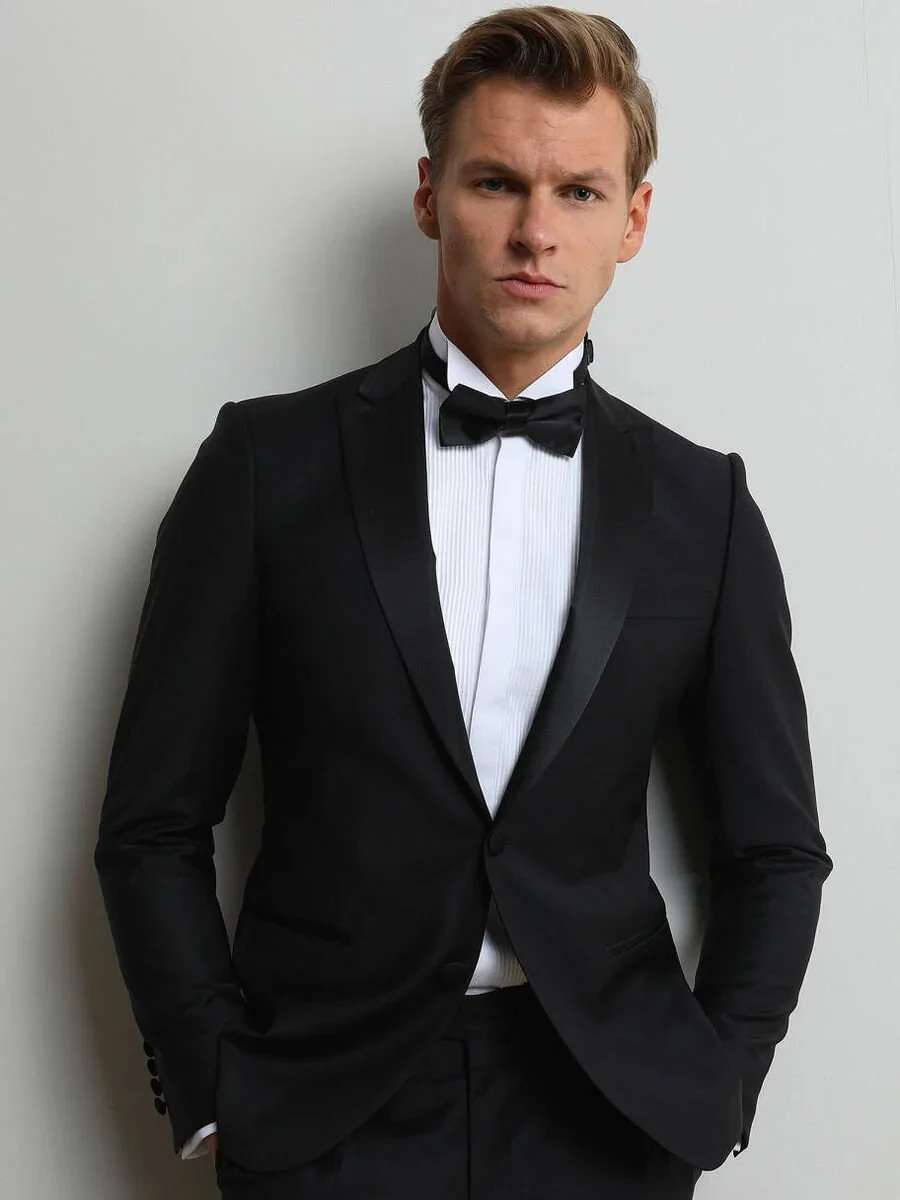 Black Plain Slim Fit Double Breasted Collar Weaving Tuxedo - 2