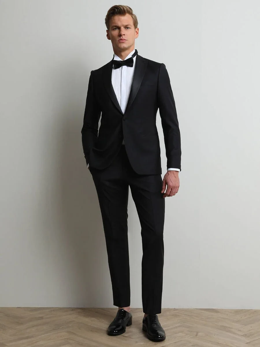 Black Plain Slim Fit Double Breasted Collar Weaving Tuxedo - 3