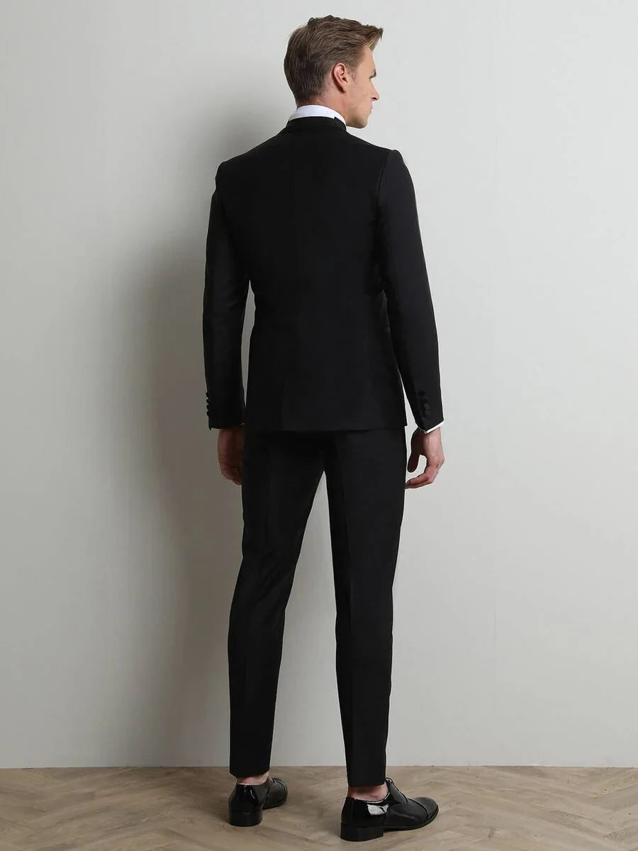 Black Plain Slim Fit Double Breasted Collar Weaving Tuxedo - 4