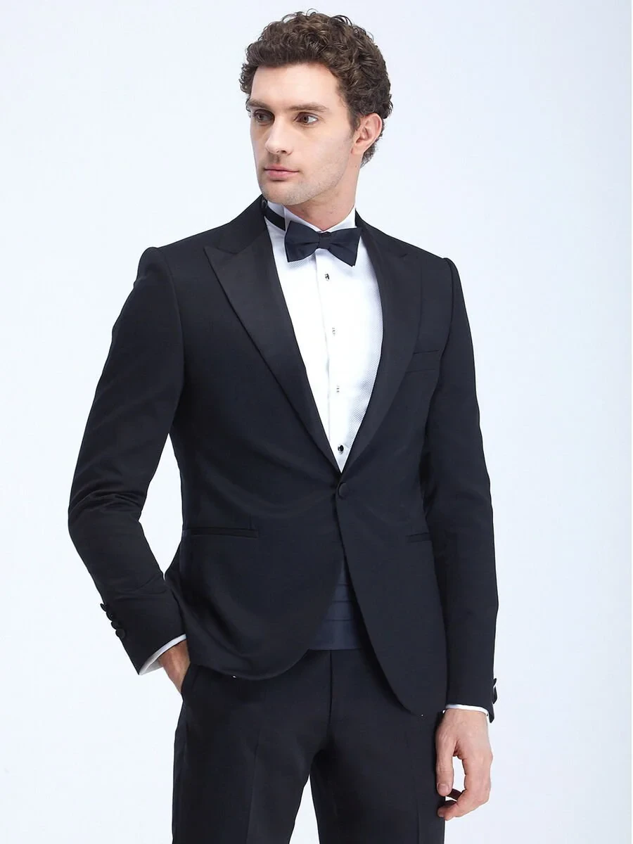 Black Plain Slim Fit Double Breasted Collar Weaving Tuxedo - 1