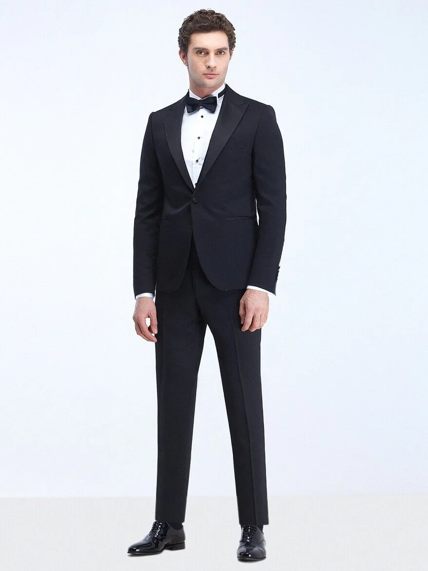 Black Plain Slim Fit Double Breasted Collar Weaving Tuxedo - 2