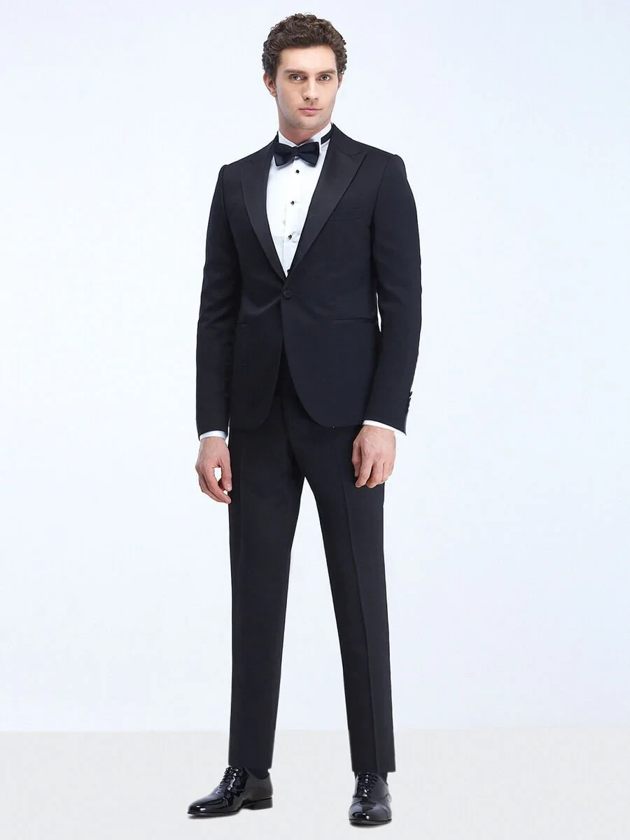 Black Plain Slim Fit Double Breasted Collar Weaving Tuxedo - 2