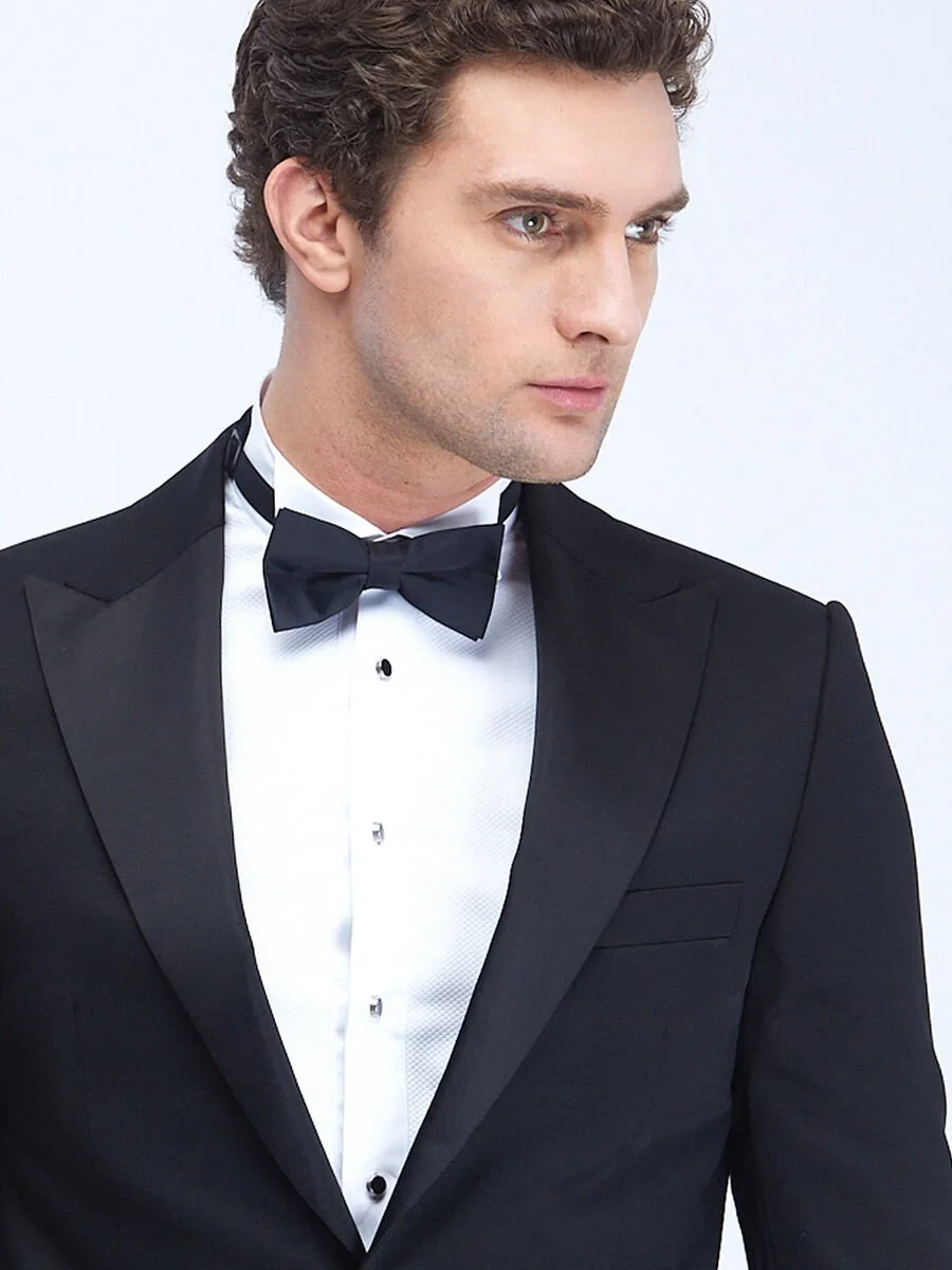 Black Plain Slim Fit Double Breasted Collar Weaving Tuxedo - 3