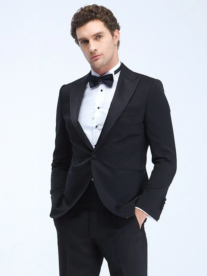 Black Plain Slim Fit Double Breasted Collar Weaving Tuxedo - 4