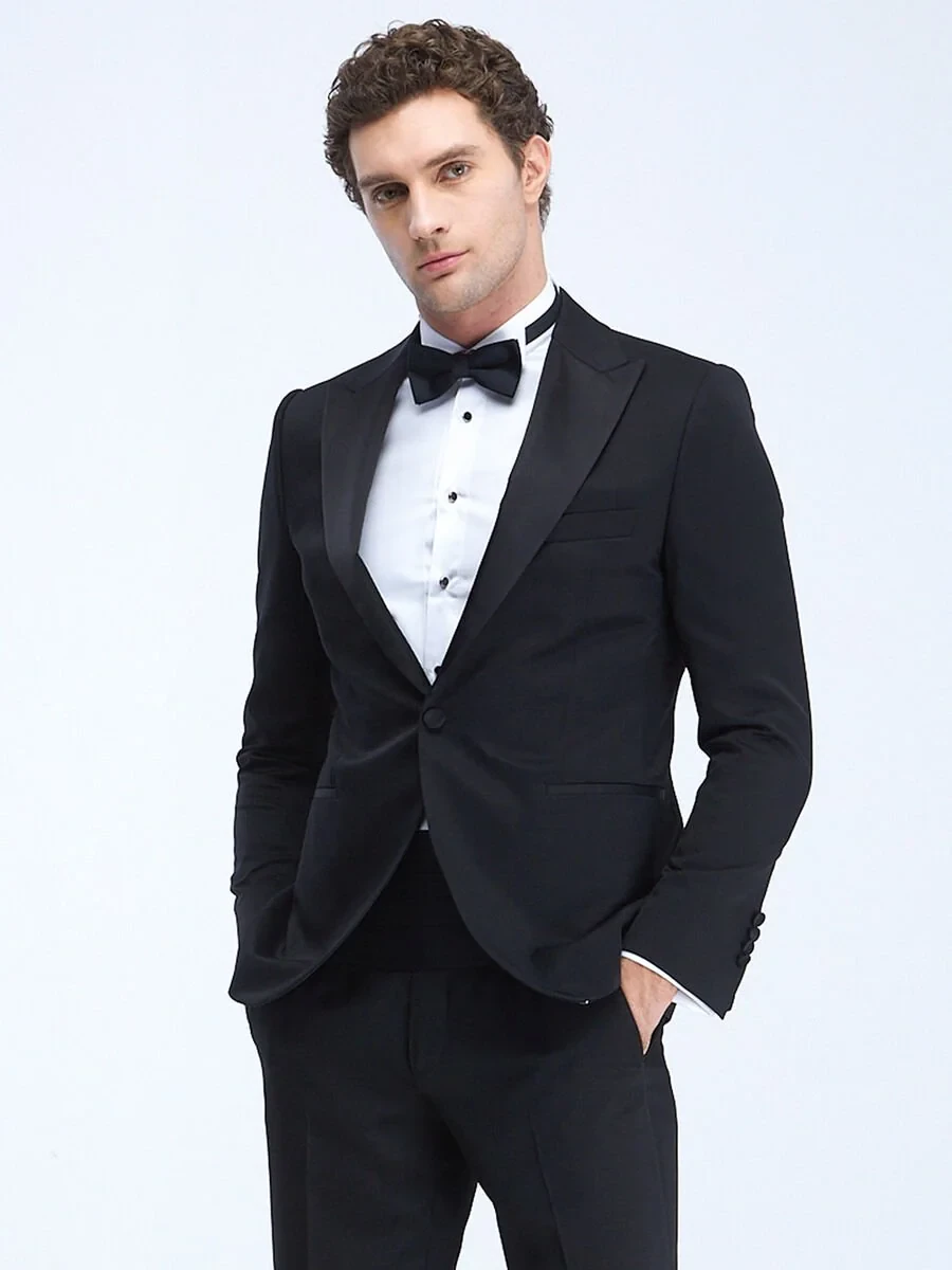 Black Plain Slim Fit Double Breasted Collar Weaving Tuxedo - 4
