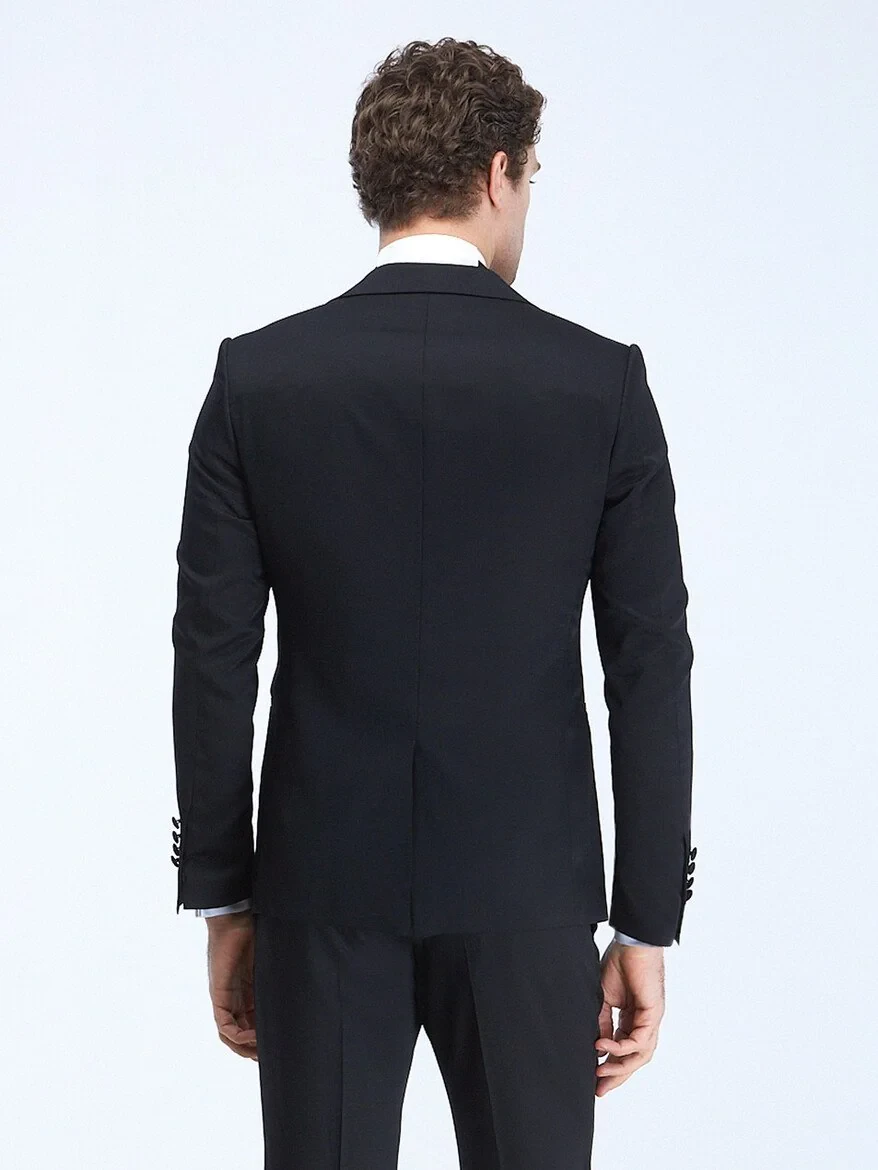 Black Plain Slim Fit Double Breasted Collar Weaving Tuxedo - 5