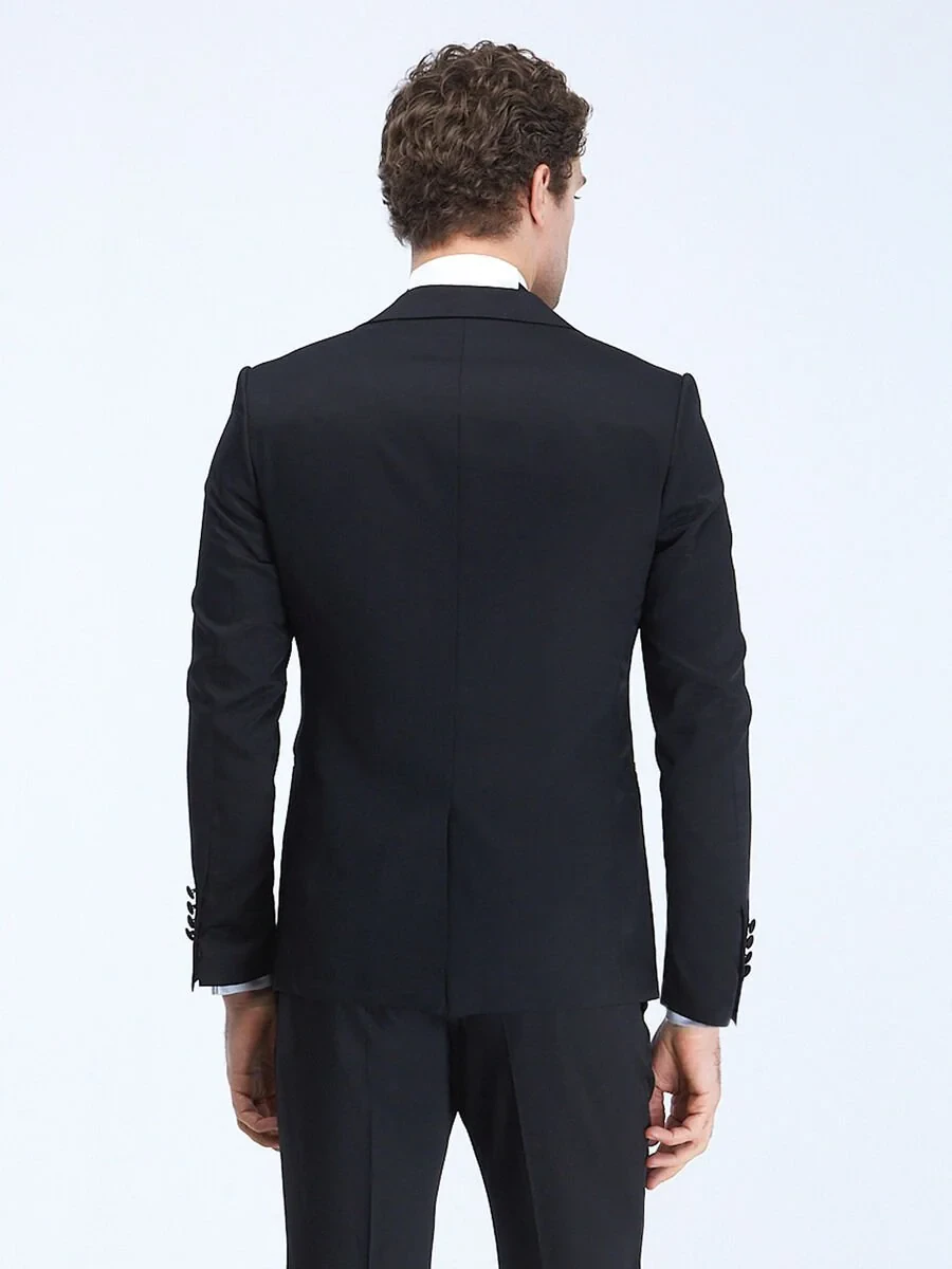 Black Plain Slim Fit Double Breasted Collar Weaving Tuxedo - 5