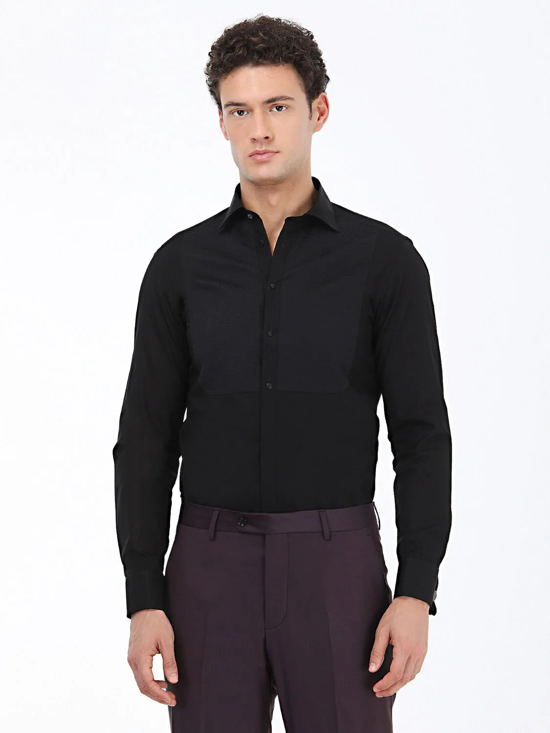 Black Plain Slim Fit Double Cuff Classic Collar Tuxedo Shirts - 1