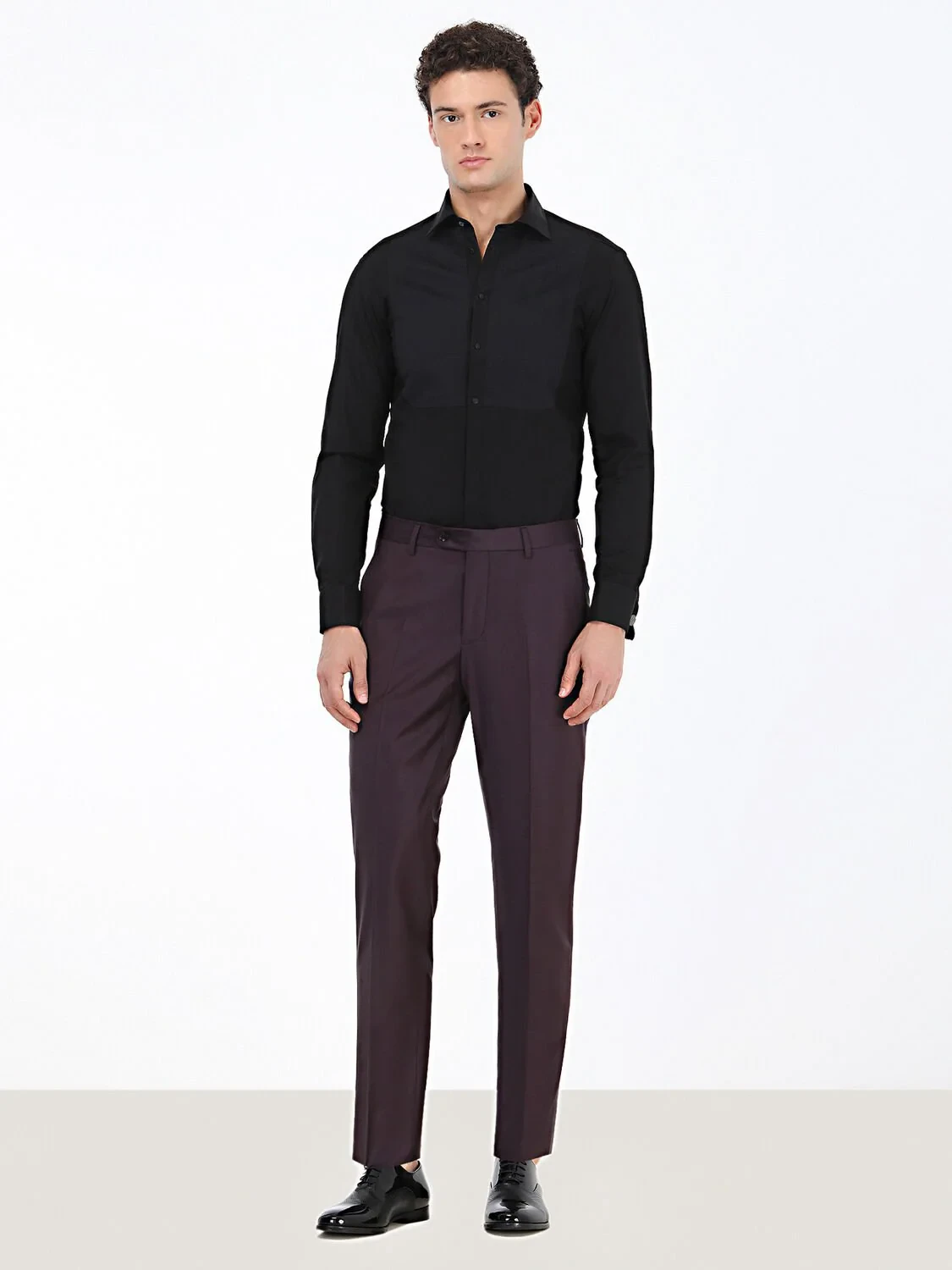 Black Plain Slim Fit Double Cuff Classic Collar Tuxedo Shirts - 2
