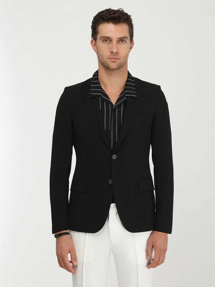 Black Plain Slim Fit Jacket - 1