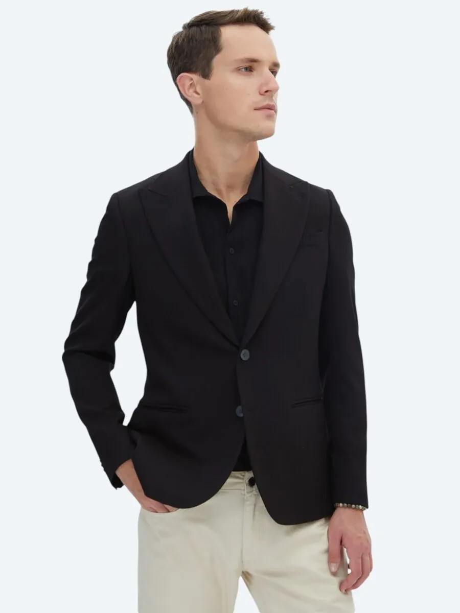 Black Plain Slim Fit Jacket - 3