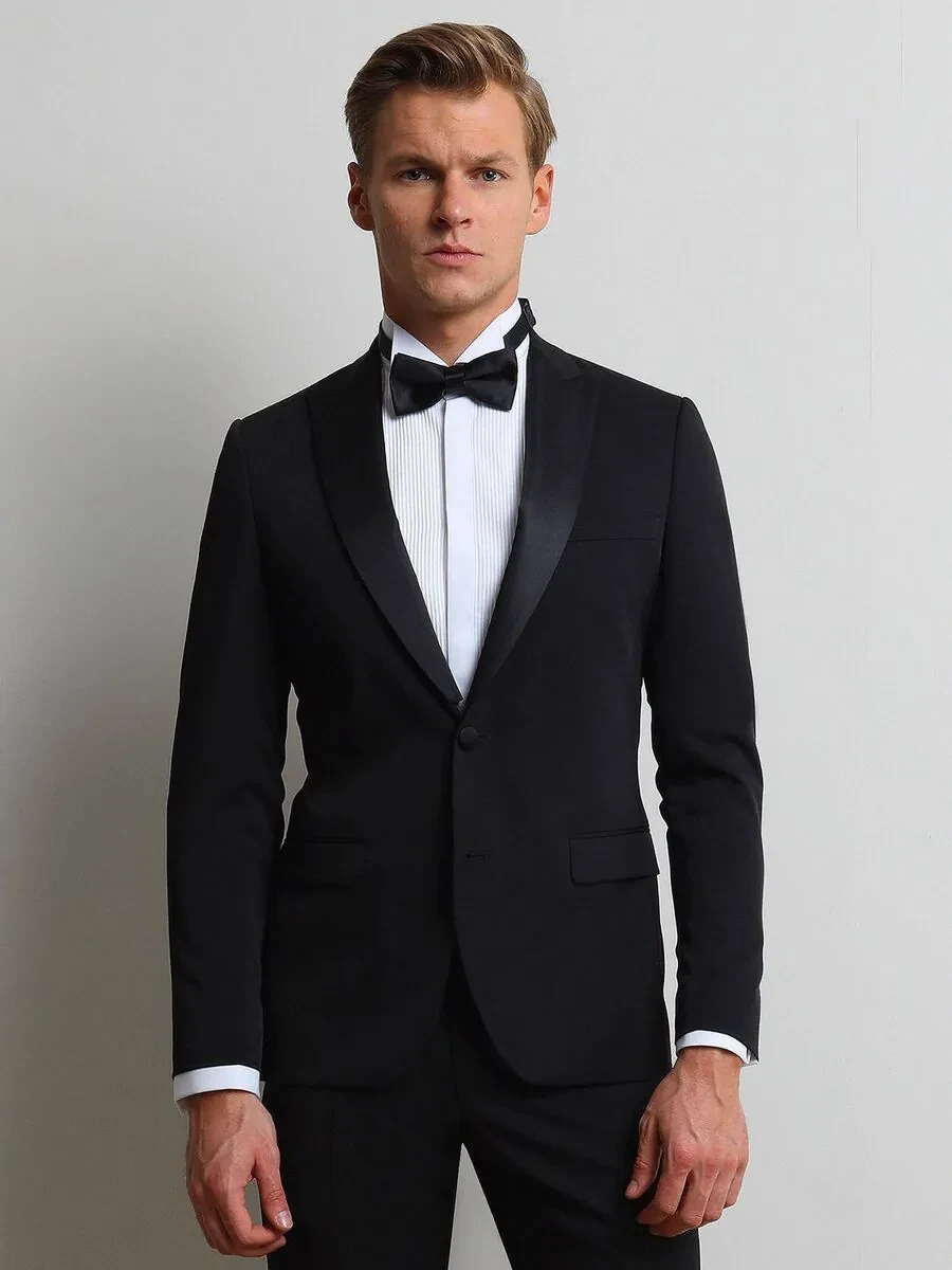 Black Plain Slim Fit Removable Double Breasted Weaving Tuxedo - 1