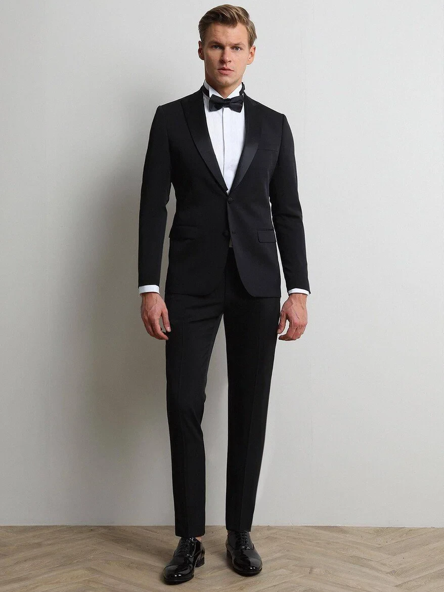 Black Plain Slim Fit Removable Double Breasted Weaving Tuxedo - 2