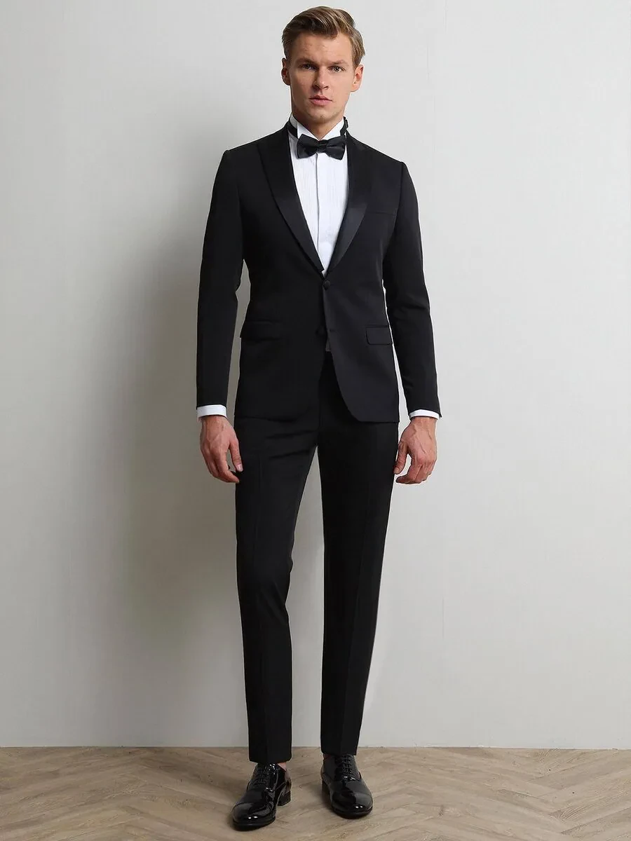 Black Plain Slim Fit Removable Double Breasted Weaving Tuxedo - 2