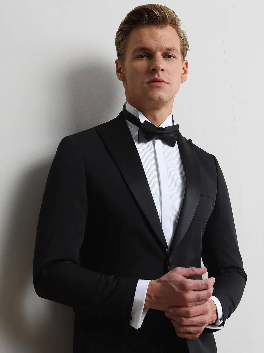 Black Plain Slim Fit Removable Double Breasted Weaving Tuxedo - 3