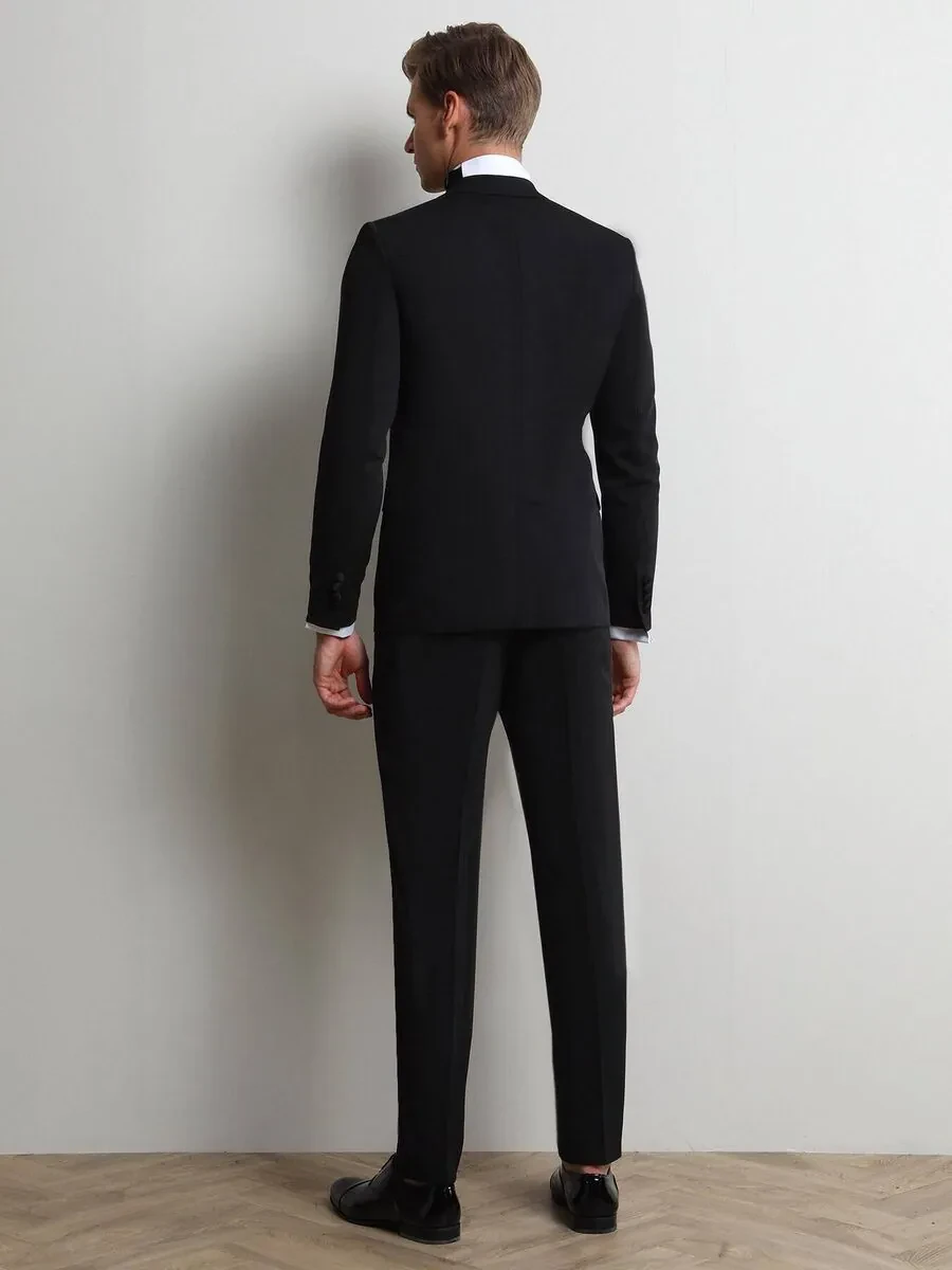 Black Plain Slim Fit Removable Double Breasted Weaving Tuxedo - 4