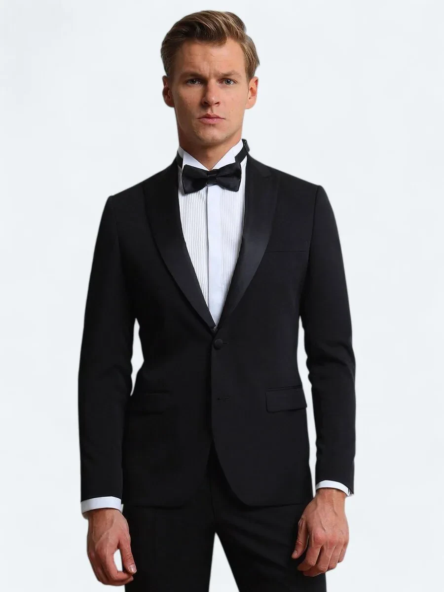 Black Plain Slim Fit Removable Double Breasted Weaving Tuxedo - 1