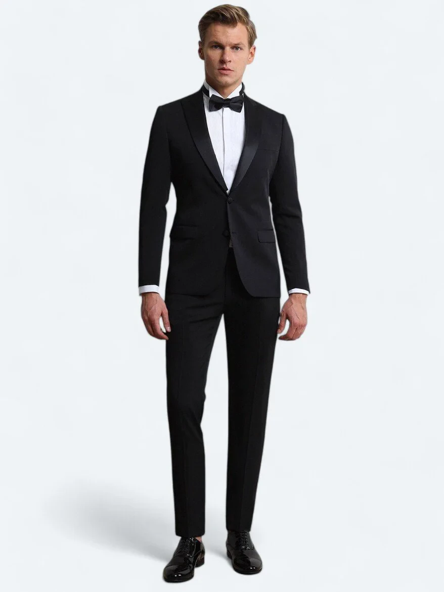 Black Plain Slim Fit Removable Double Breasted Weaving Tuxedo - 2