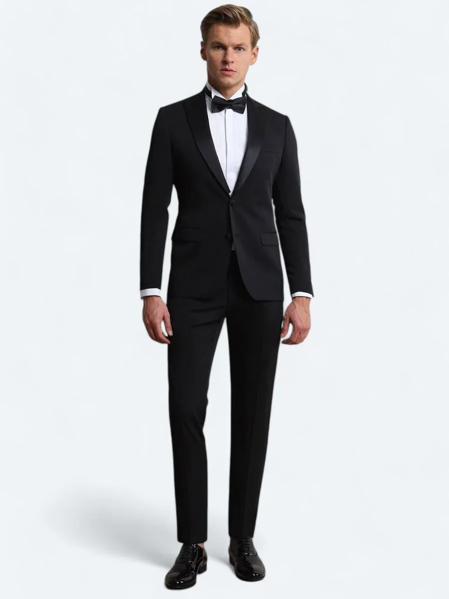 Black Plain Slim Fit Removable Double Breasted Weaving Tuxedo - 2