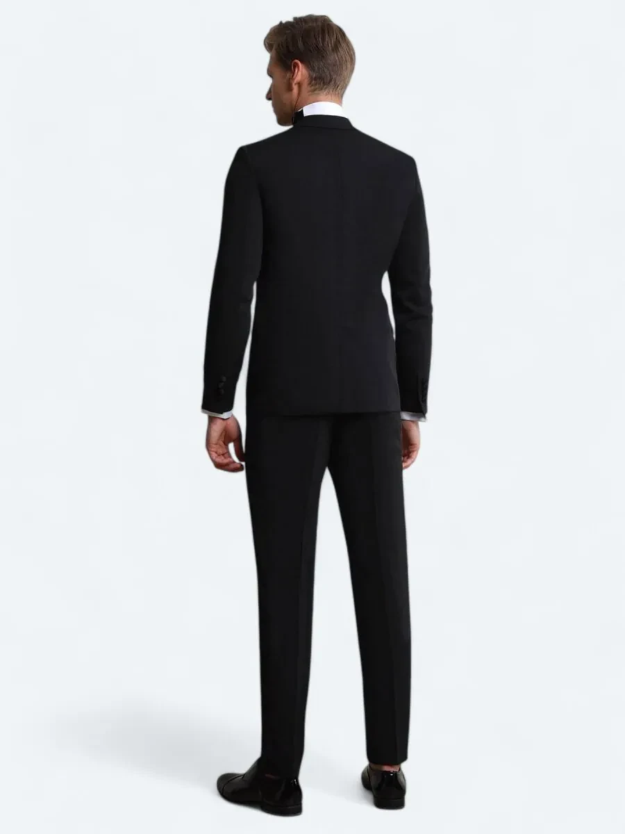 Black Plain Slim Fit Removable Double Breasted Weaving Tuxedo - 3