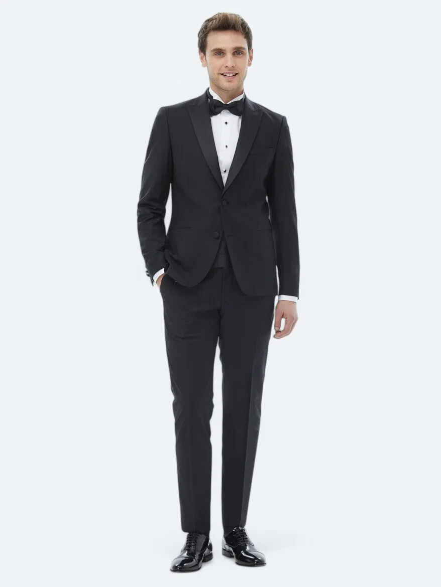 Black Plain Slim Fit Removable Double Breasted Weaving Tuxedo - 1