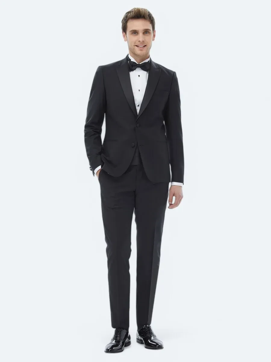 Black Plain Slim Fit Removable Double Breasted Weaving Tuxedo - 1