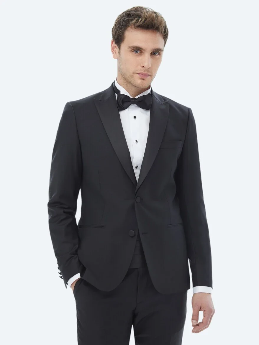 Black Plain Slim Fit Removable Double Breasted Weaving Tuxedo - 2