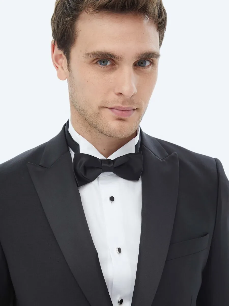 Black Plain Slim Fit Removable Double Breasted Weaving Tuxedo - 3
