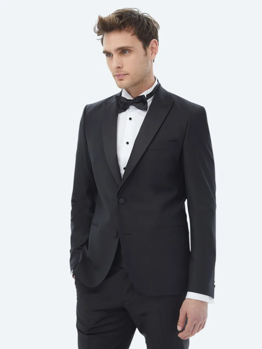 Black Plain Slim Fit Removable Double Breasted Weaving Tuxedo - 4