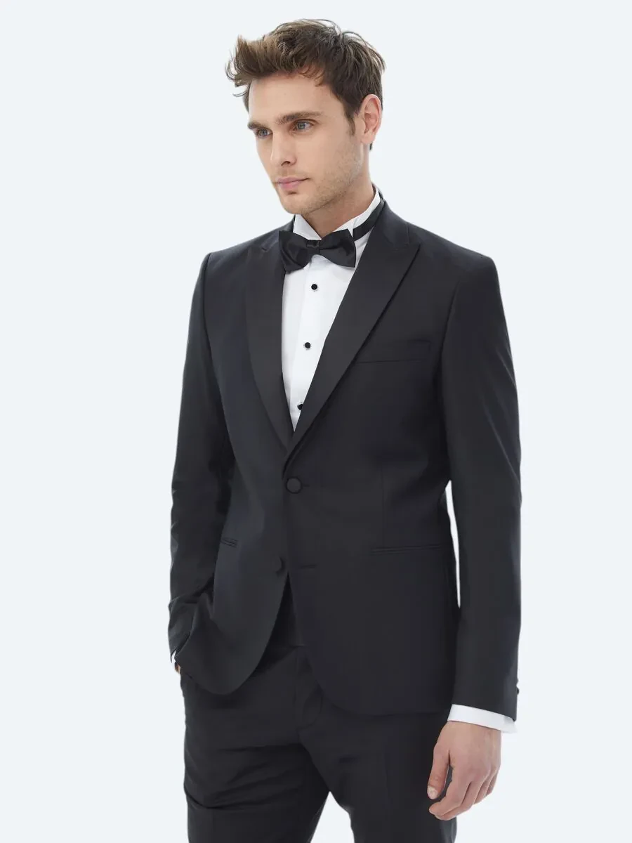 Black Plain Slim Fit Removable Double Breasted Weaving Tuxedo - 4