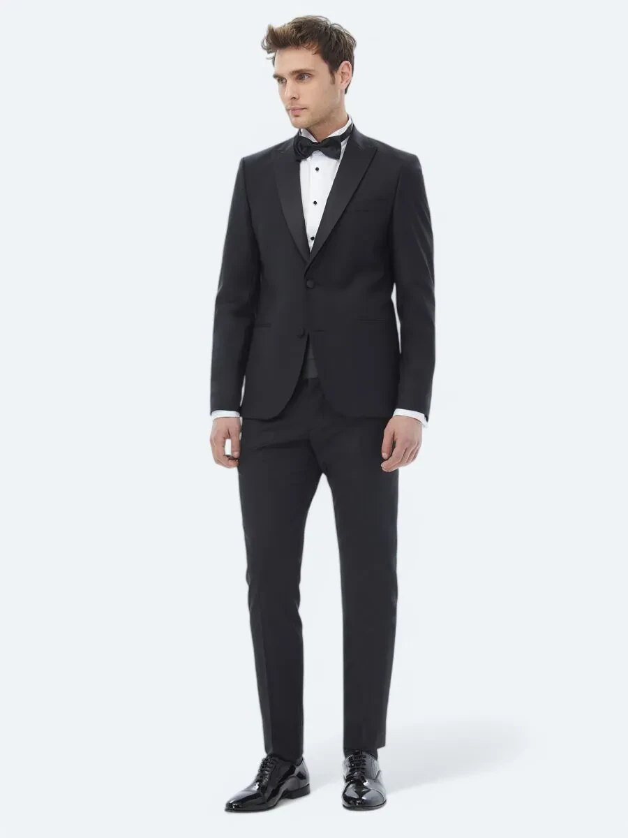 Black Plain Slim Fit Removable Double Breasted Weaving Tuxedo - 5