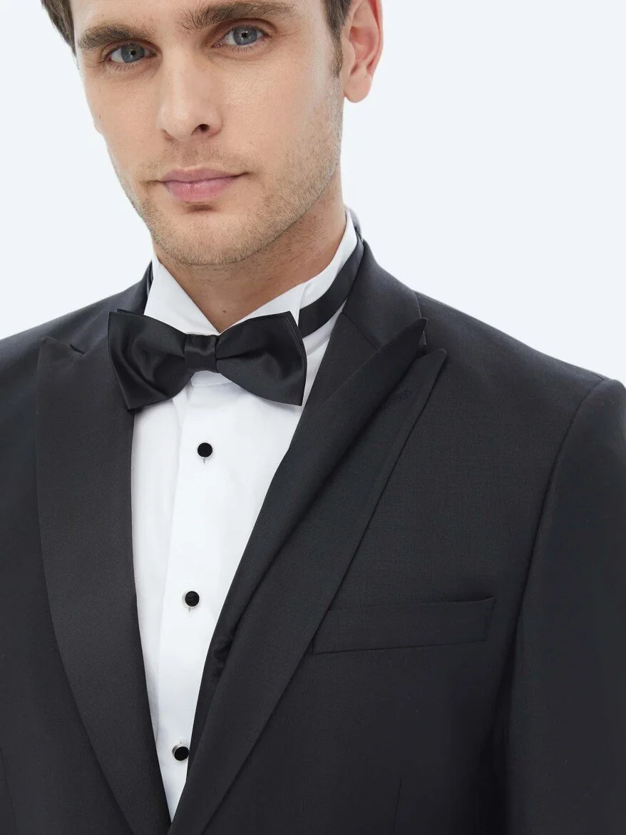 Black Plain Slim Fit Removable Double Breasted Weaving Tuxedo - 6