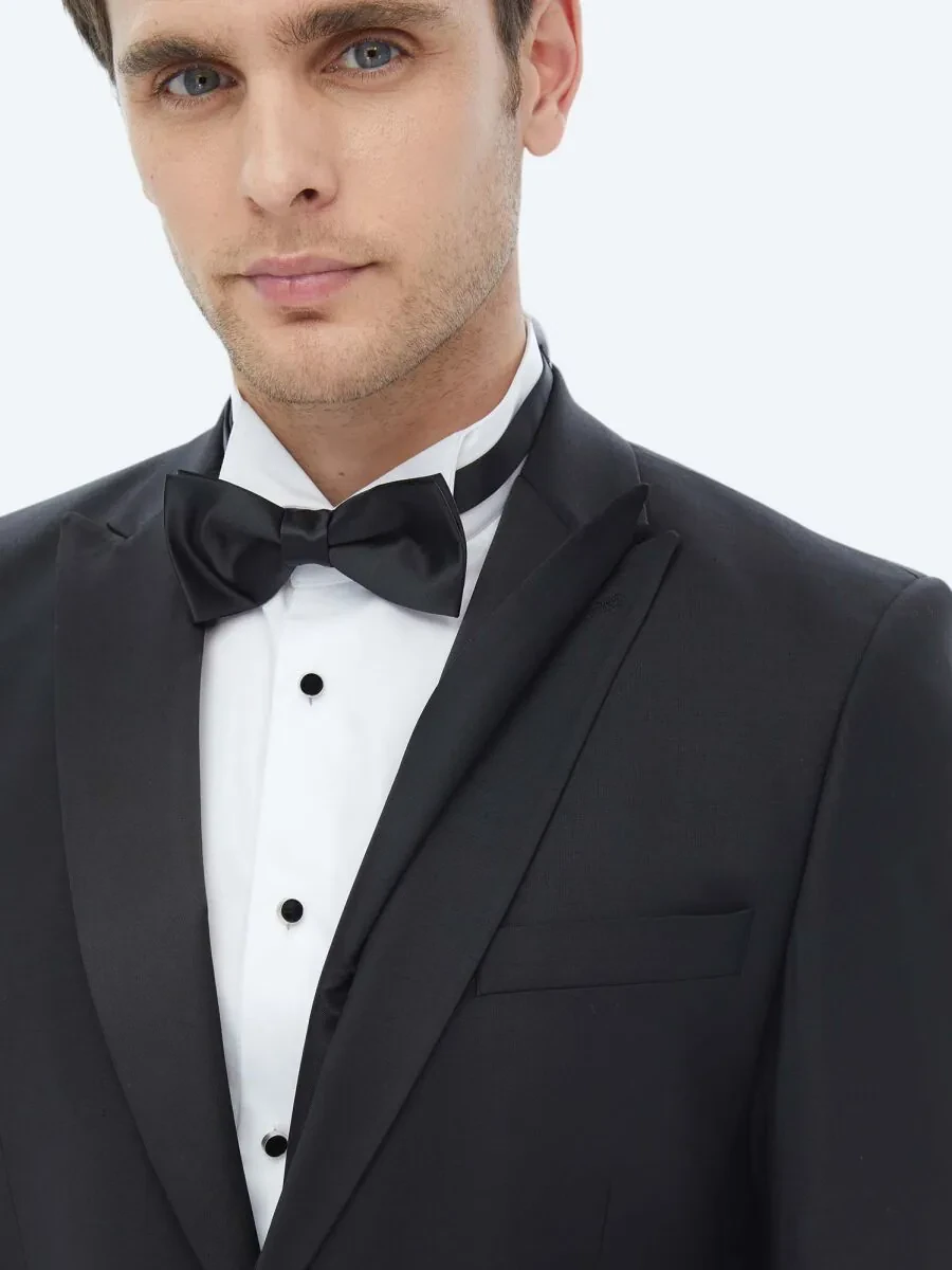 Black Plain Slim Fit Removable Double Breasted Weaving Tuxedo - 6