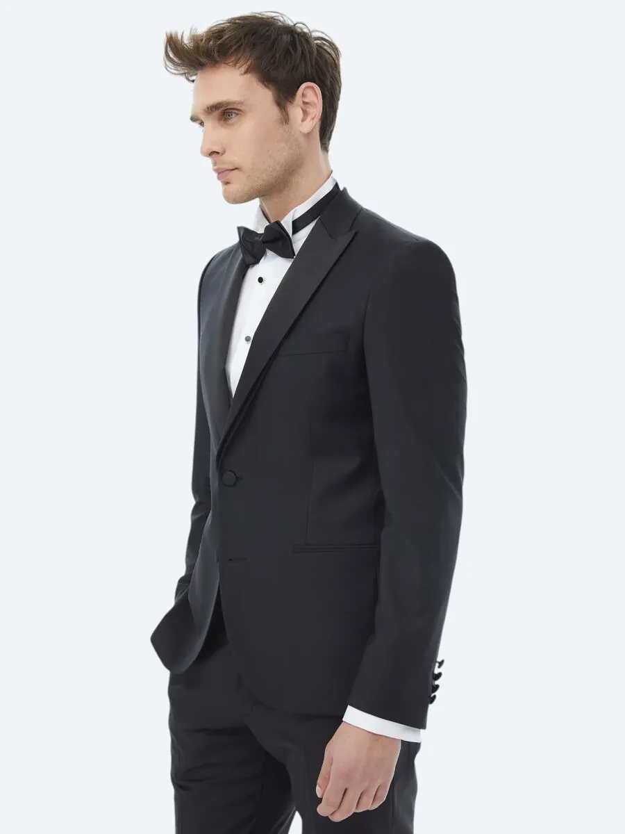 Black Plain Slim Fit Removable Double Breasted Weaving Tuxedo - 8