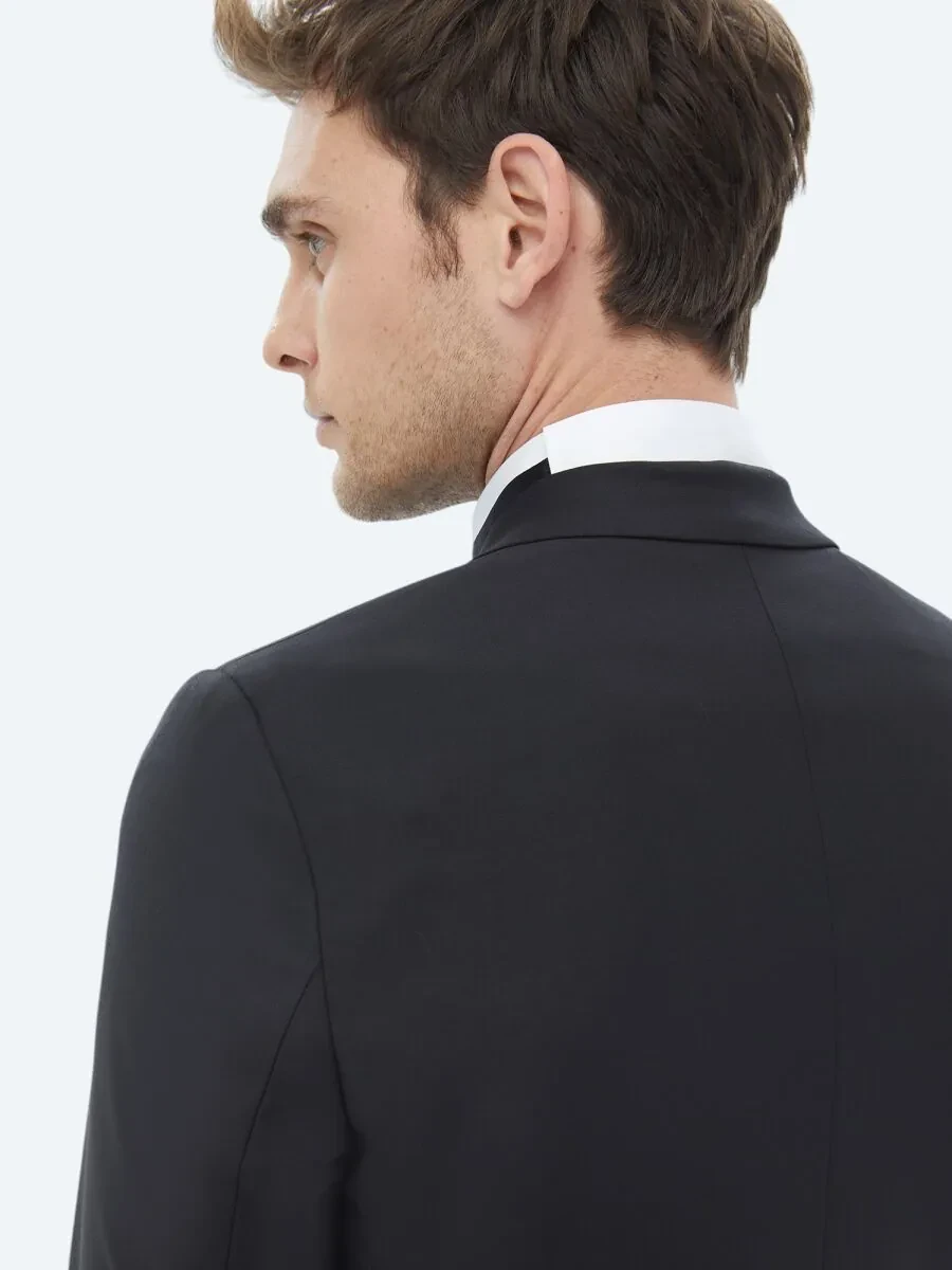 Black Plain Slim Fit Removable Double Breasted Weaving Tuxedo - 10